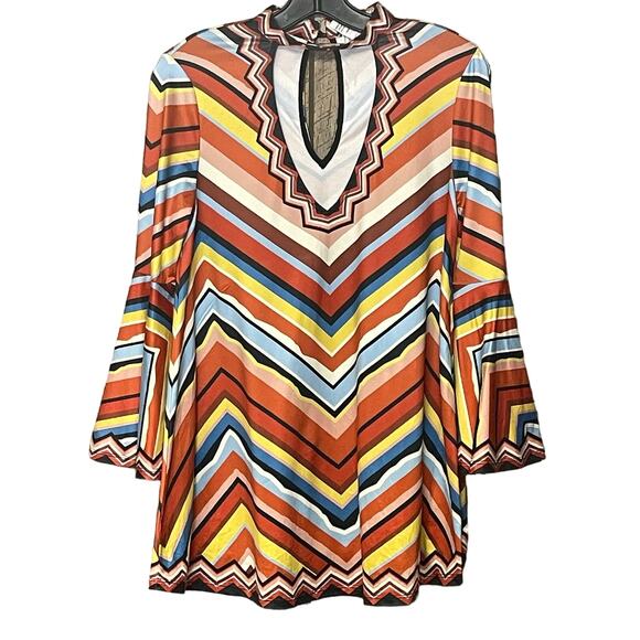NITT by Flying Tomato chevron top 70s groovy bell sleeve rust blue yellow size S - Picture 1 of 4